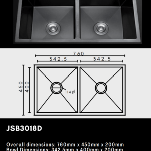 Double kitchen sink with dimensions and model number JSB3018D.