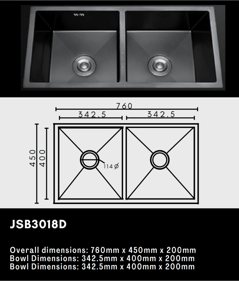 Double kitchen sink with dimensions and model number JSB3018D.