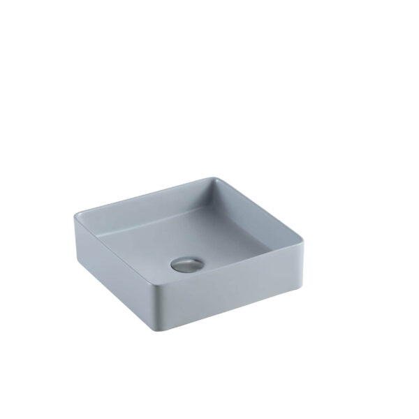 Square gray ceramic bathroom sink on white background.