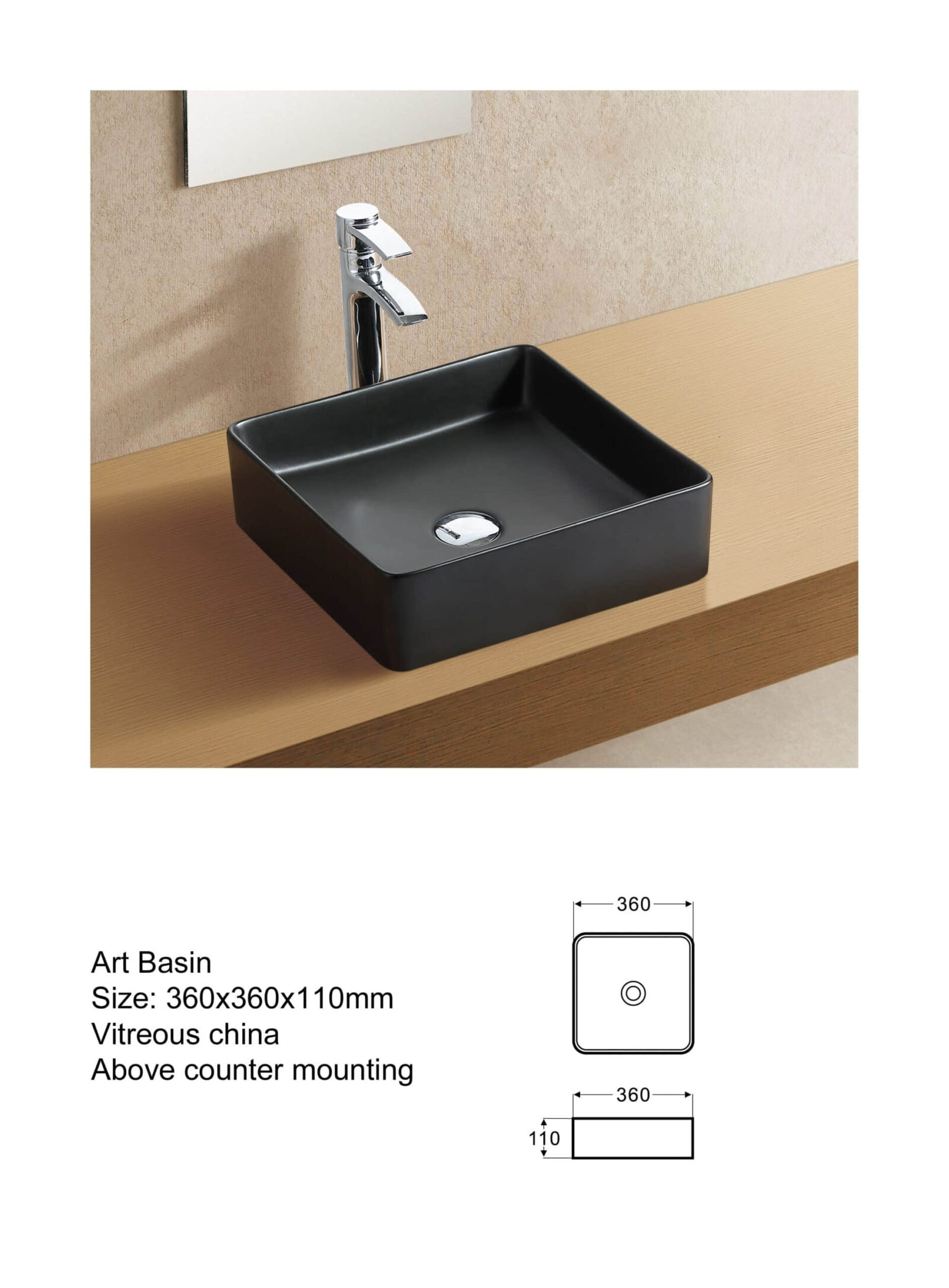 Square black art basin with chrome faucet on wooden counter.