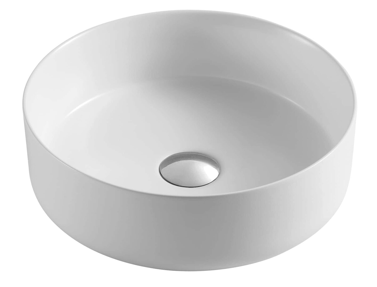 White ceramic round basin with central drain.