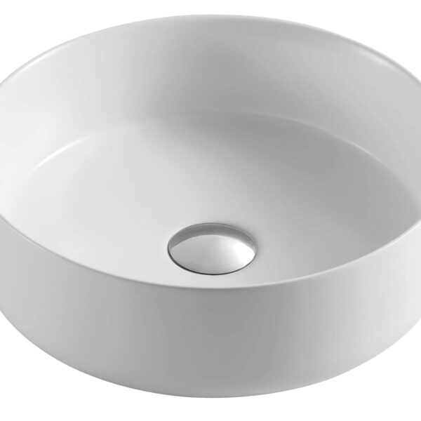 White ceramic round basin with central drain.