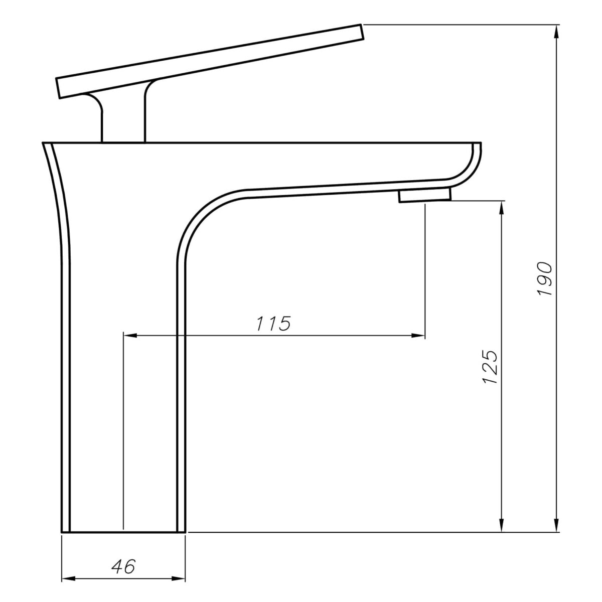 Line drawing of a modern kitchen faucet with dimensions.
