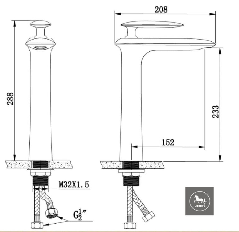 Technical drawing of a kitchen faucet with dimensions and installation details.