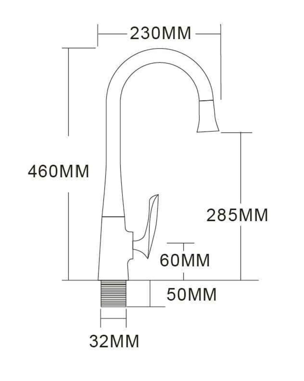 Diagram of a kitchen faucet with measurements in millimeters.