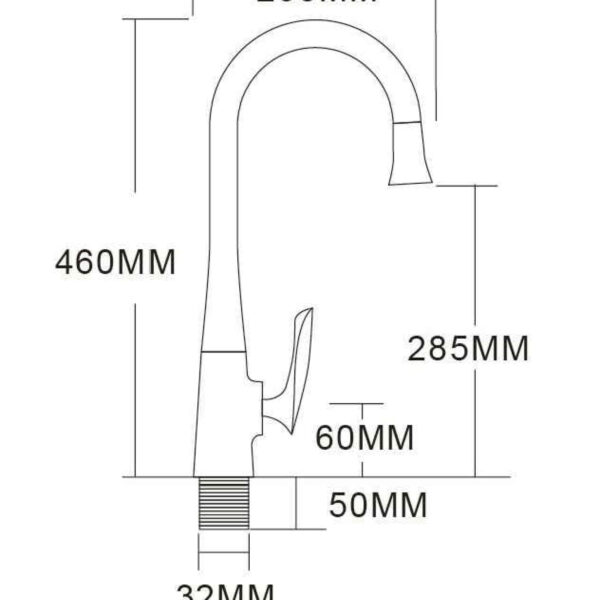 Diagram of a kitchen faucet with measurements in millimeters.