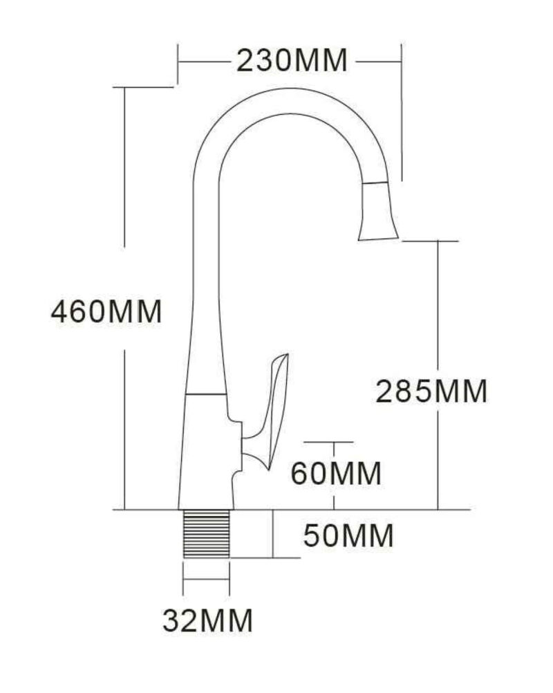Diagram of a kitchen faucet with measurements in millimeters.