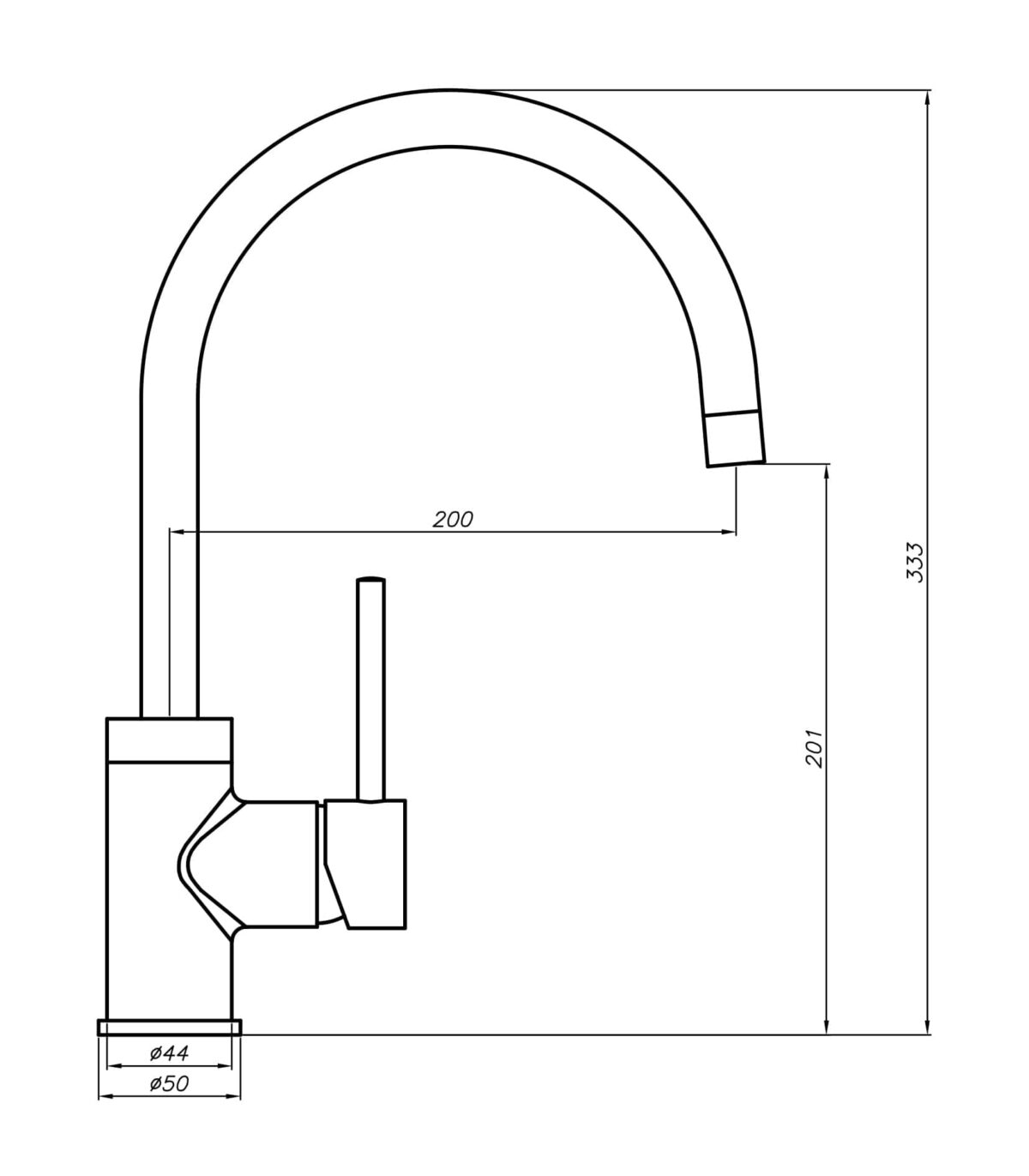 Technical drawing of a kitchen faucet with dimensions.