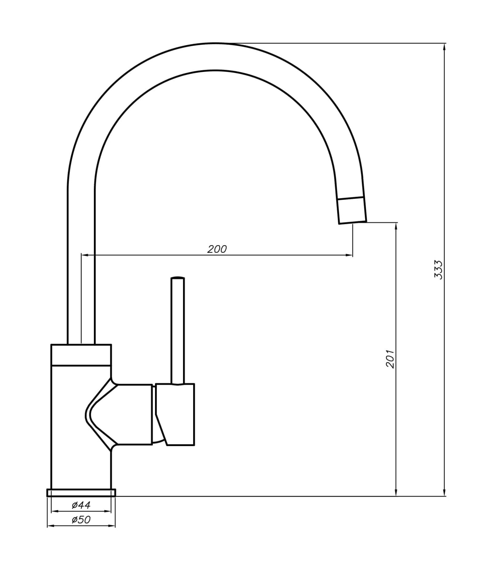 Technical drawing of a kitchen faucet with dimensions.