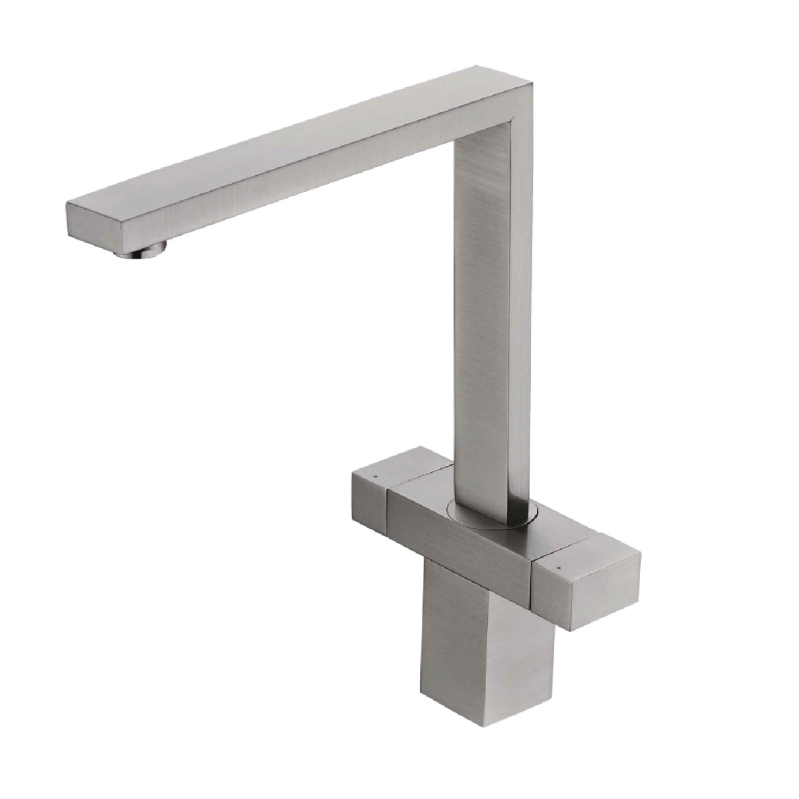 Modern stainless steel kitchen faucet with square design.