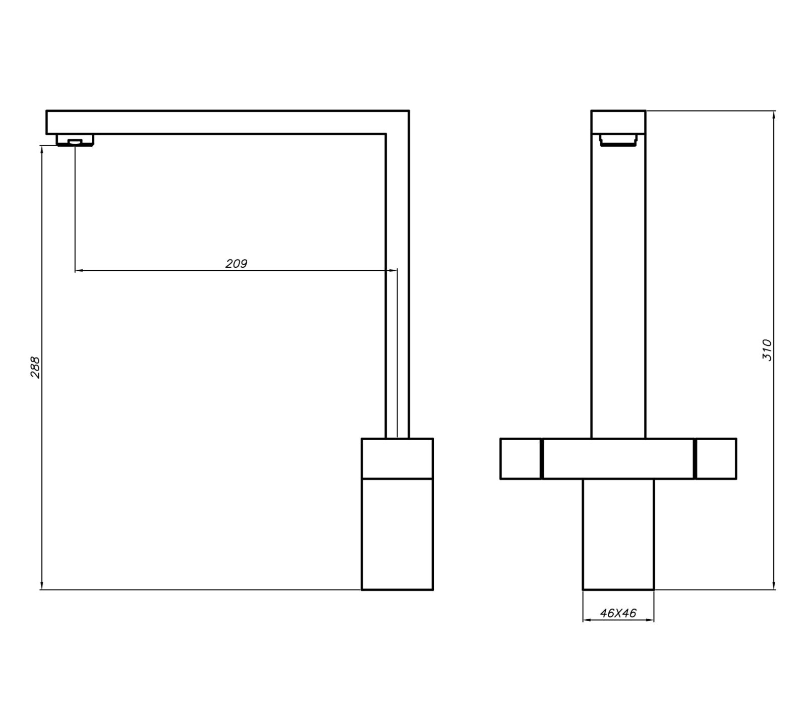 Technical drawing of a kitchen faucet with dimensions.