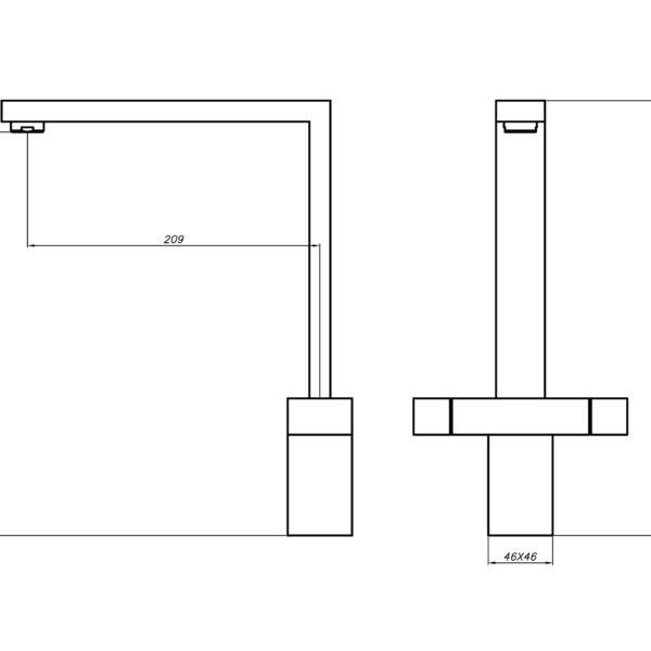 Technical drawing of a kitchen faucet with dimensions.