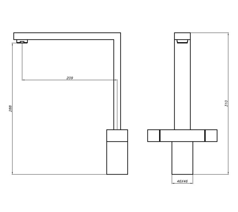 Technical drawing of a kitchen faucet with dimensions.
