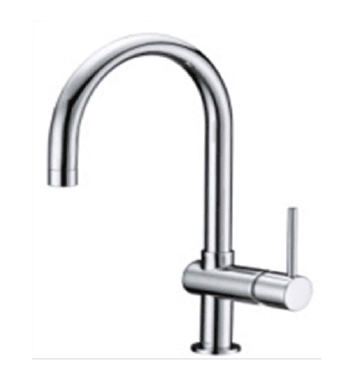 JT02501a Modern chrome kitchen faucet with a curved spout and single lever handle.