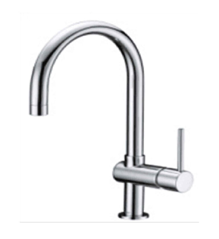 Modern chrome kitchen faucet with a curved spout and single lever handle.