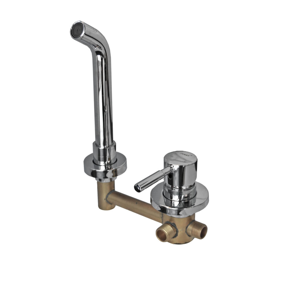 Chrome kitchen faucet with dual handles and spout.
