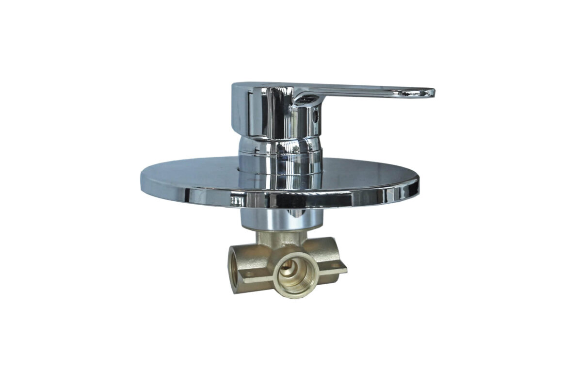 Chrome kitchen faucet with a single lever handle.