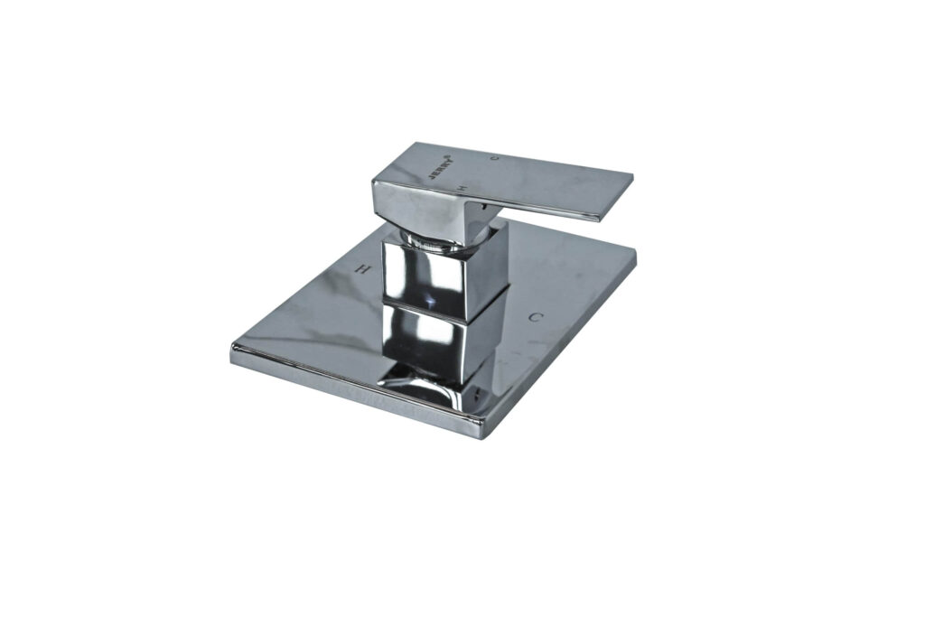 Modern chrome kitchen faucet on white background.