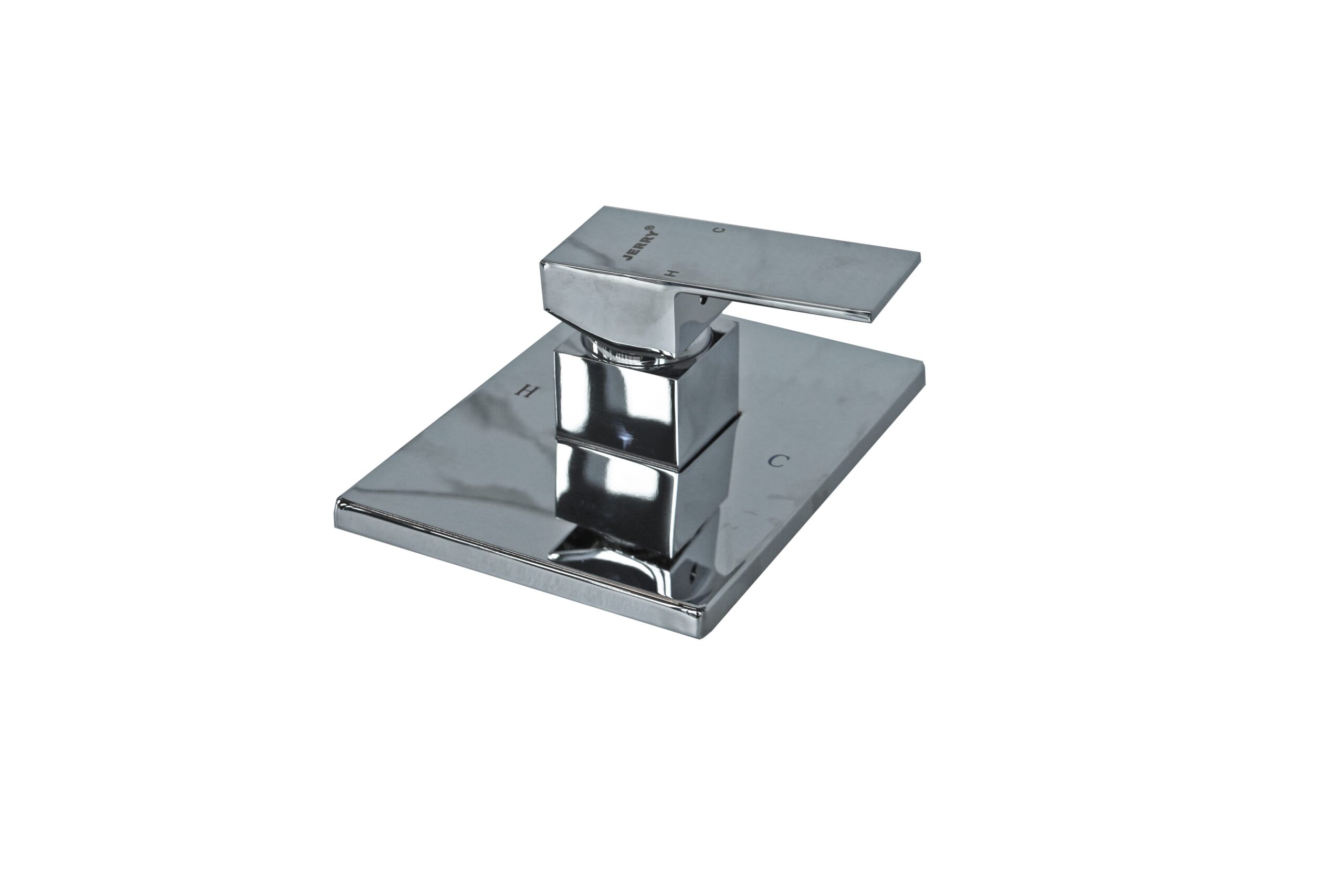Modern chrome kitchen faucet on white background.