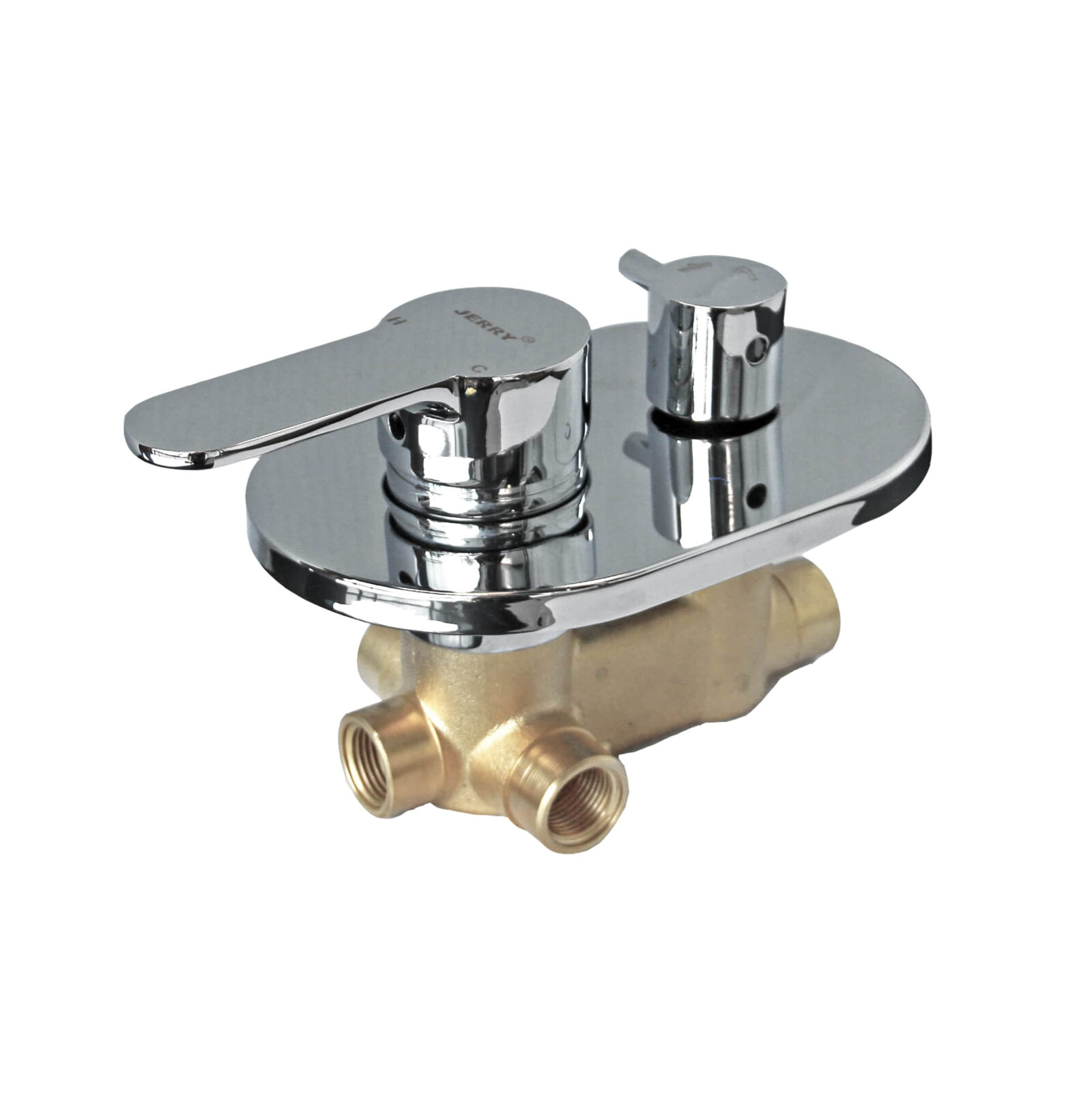 JT4102B Chrome shower mixer with dual handles and brass fittings.