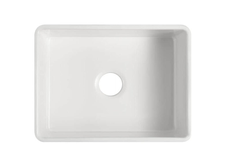 White rectangular kitchen sink with central drain hole.