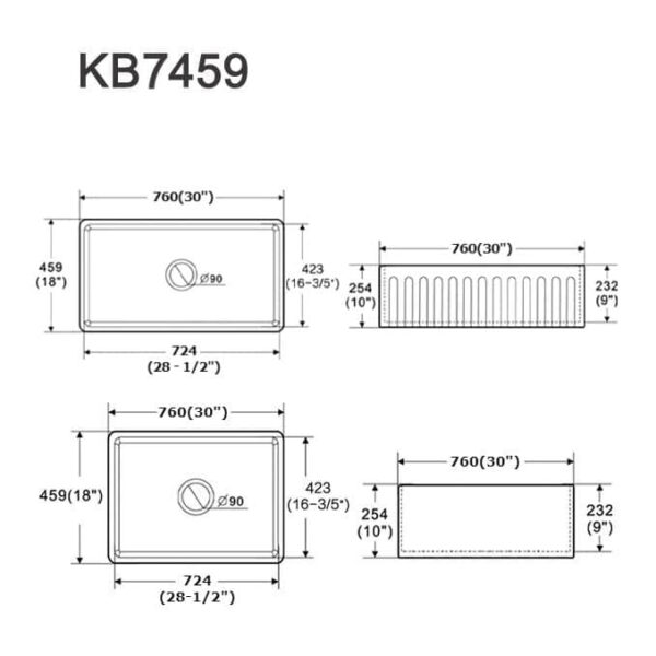Technical drawing of kitchen sink model KB7459 with dimensions.
