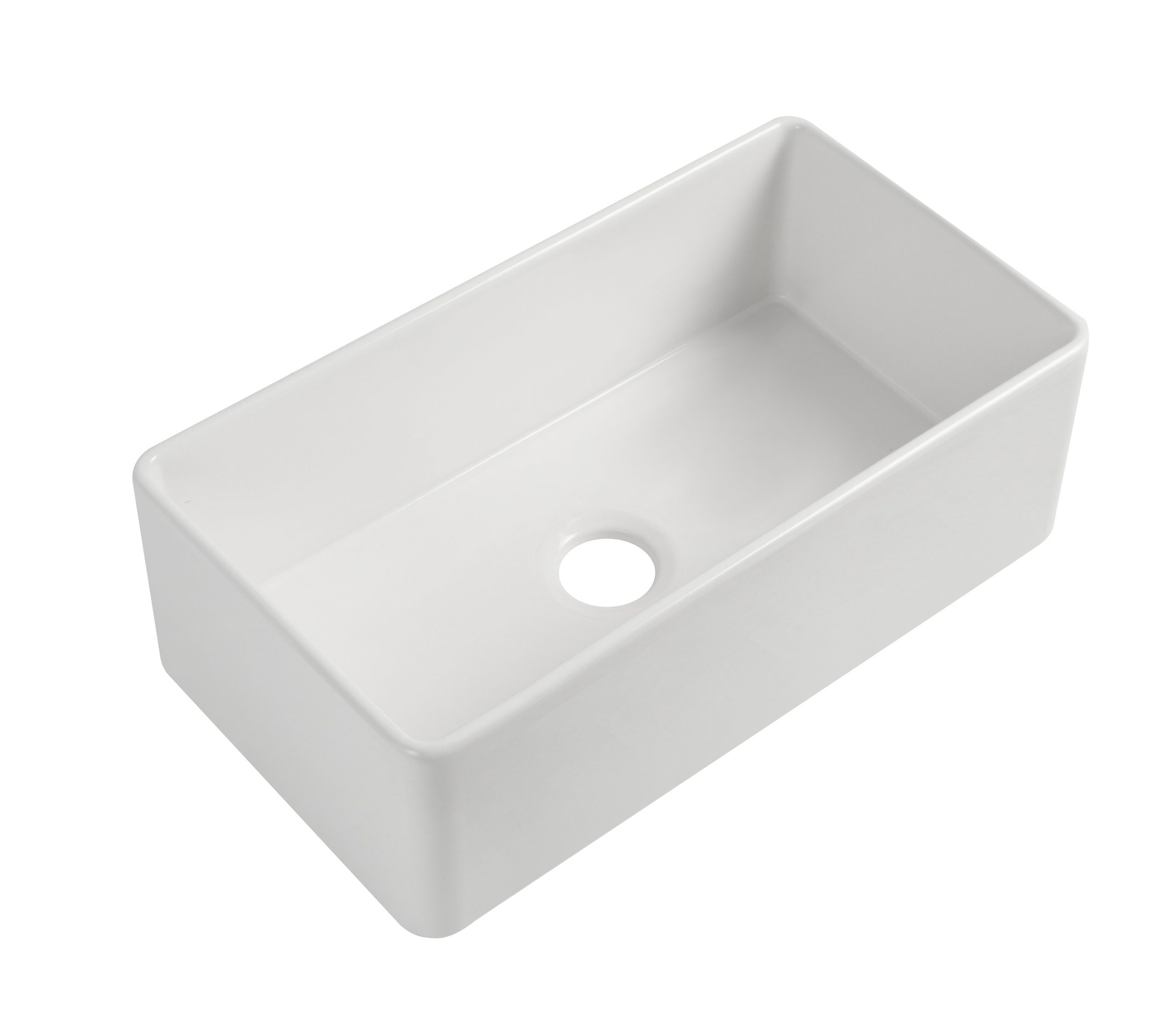 White rectangular ceramic kitchen sink with central drain hole.