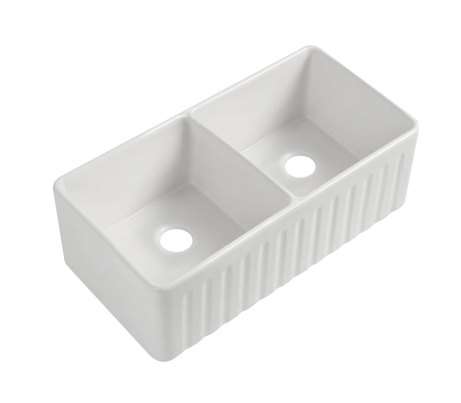 Double bowl white ceramic farmhouse sink with fluted front apron design