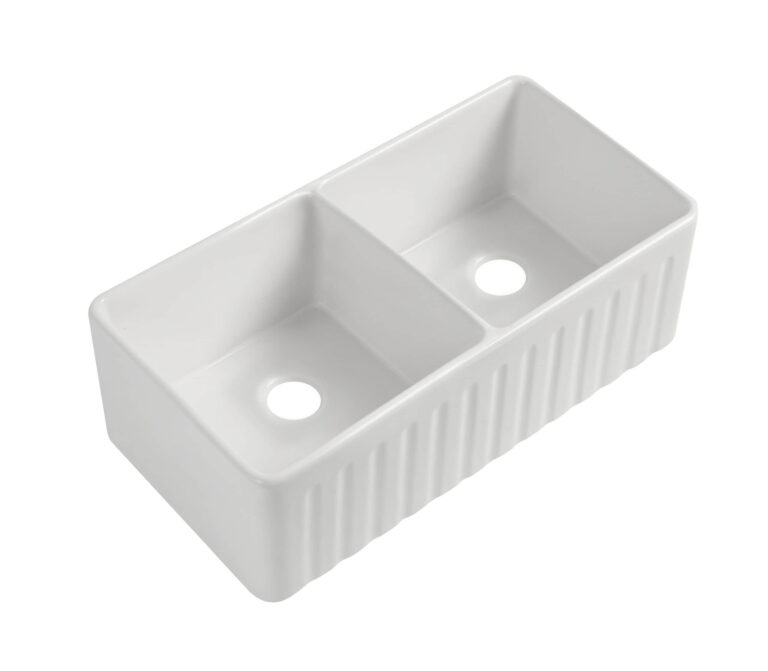 Double bowl white ceramic farmhouse sink with fluted front apron design