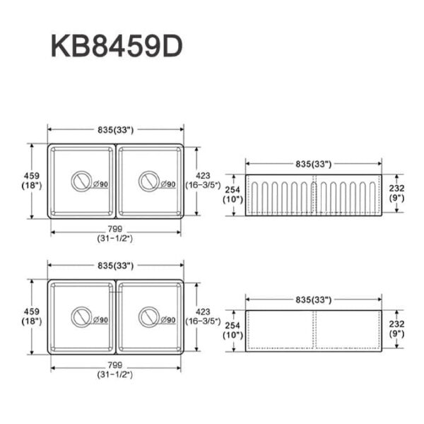 Technical drawing of KB8459D double kitchen sink with dimensions.