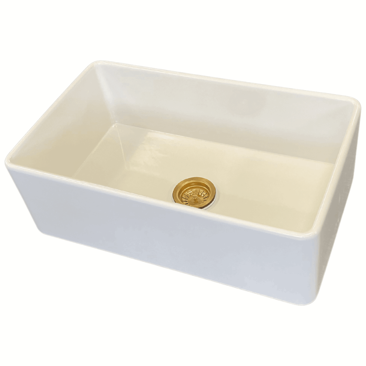 White medium butler sink with gold drain plug.