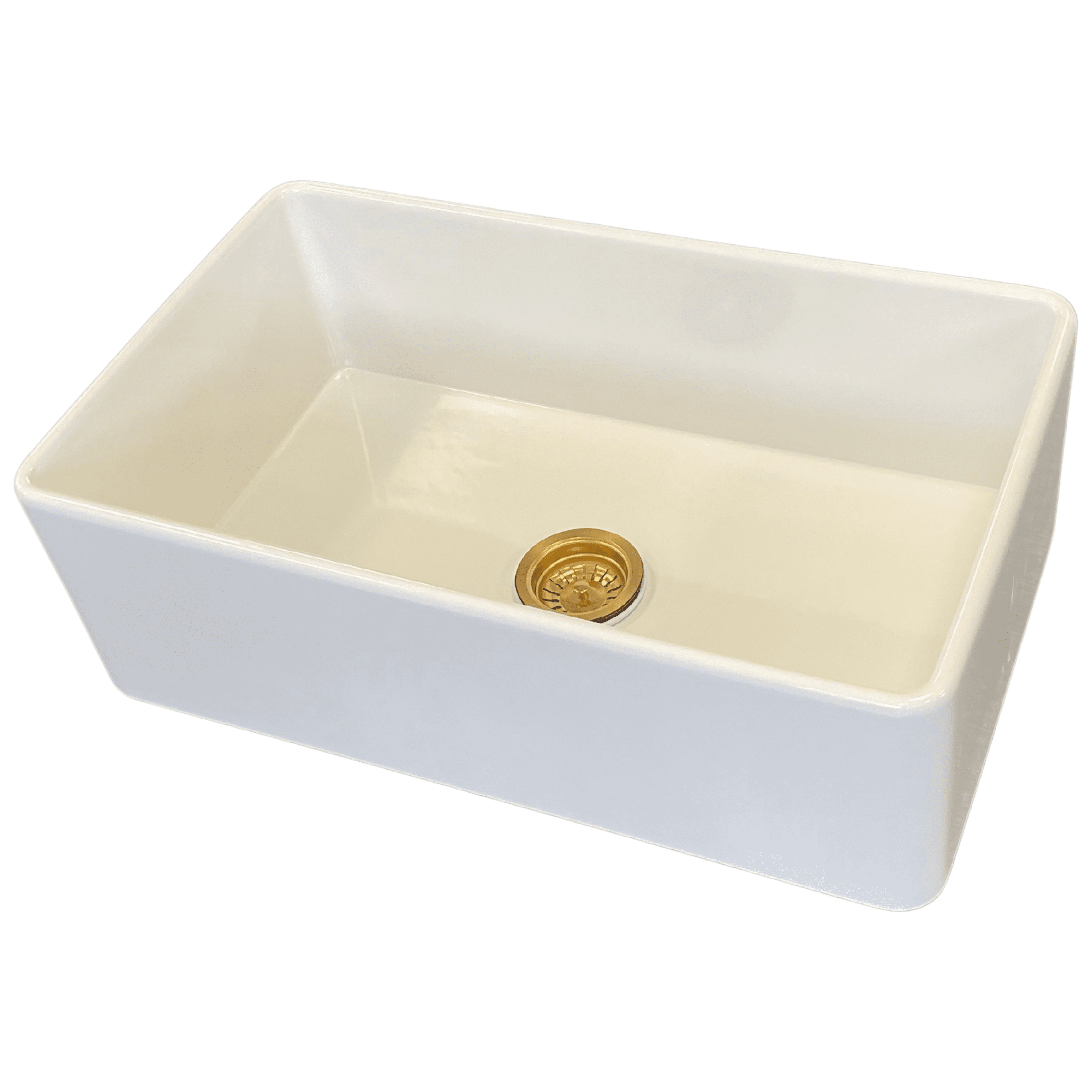 White medium butler sink with gold drain plug.