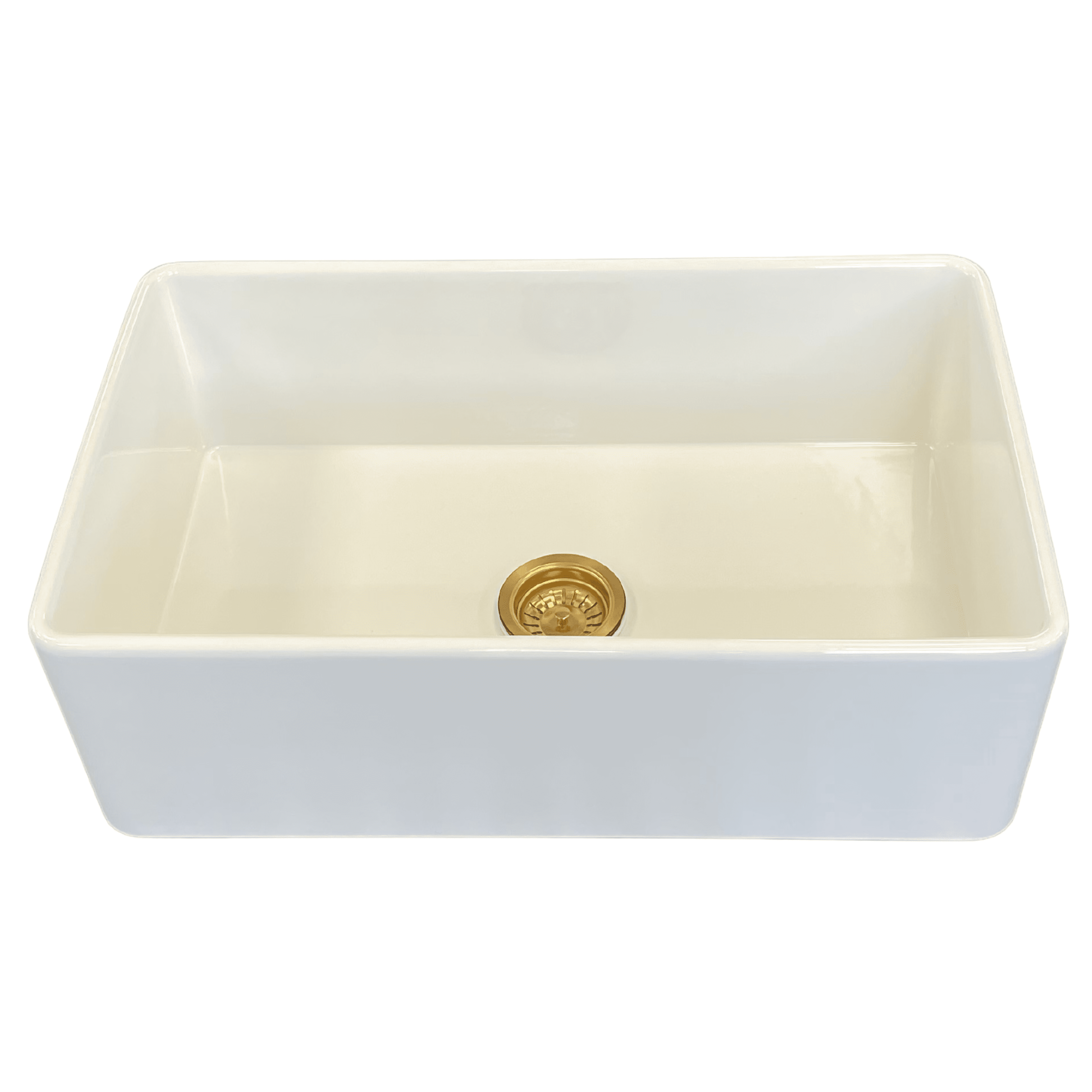 White medium butler sink with gold drain.
