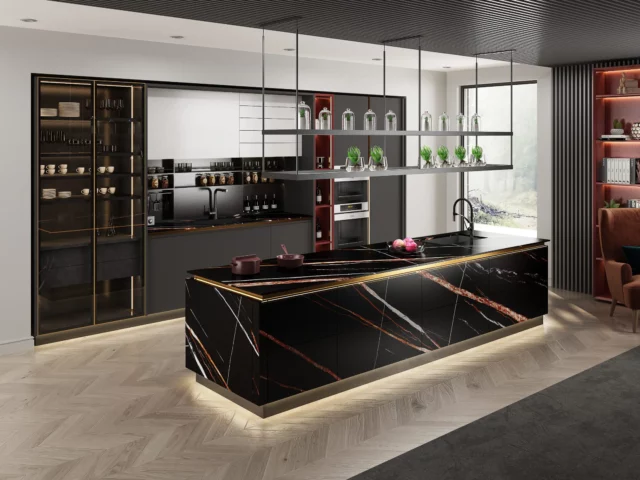 Modern black and gold kitchen with island bench, open shelving, and built-in appliances in luxury home