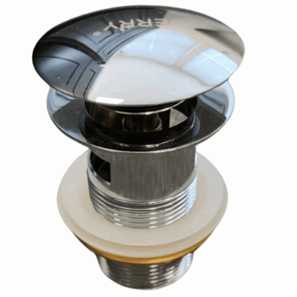 Chrome pop-up waste drain plug for bathroom sinks.