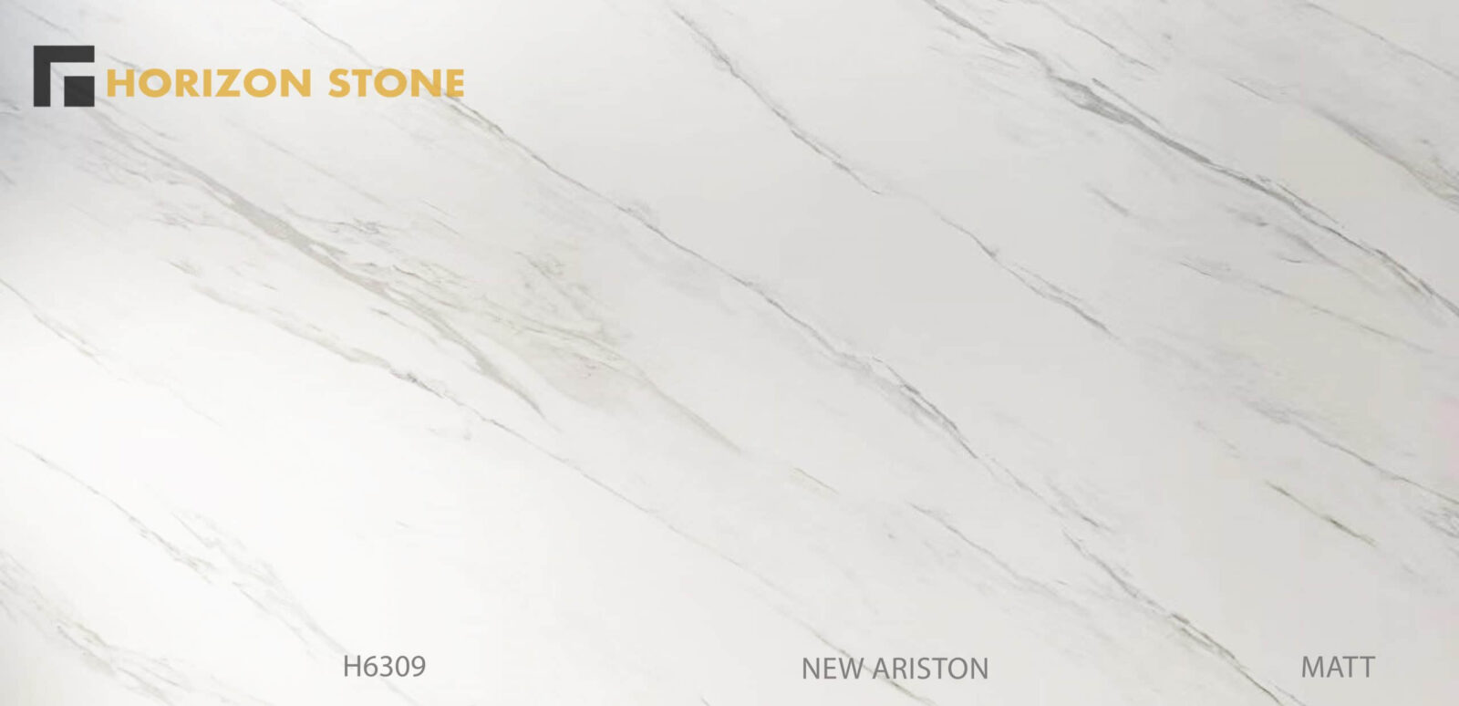 Sintered stone slab with light gray veining, labeled "New Ariston H6309."
