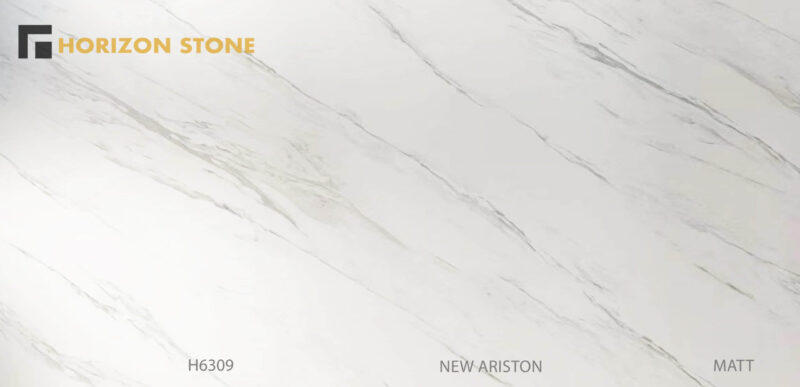 Sintered stone slab with light gray veining, labeled "New Ariston H6309."