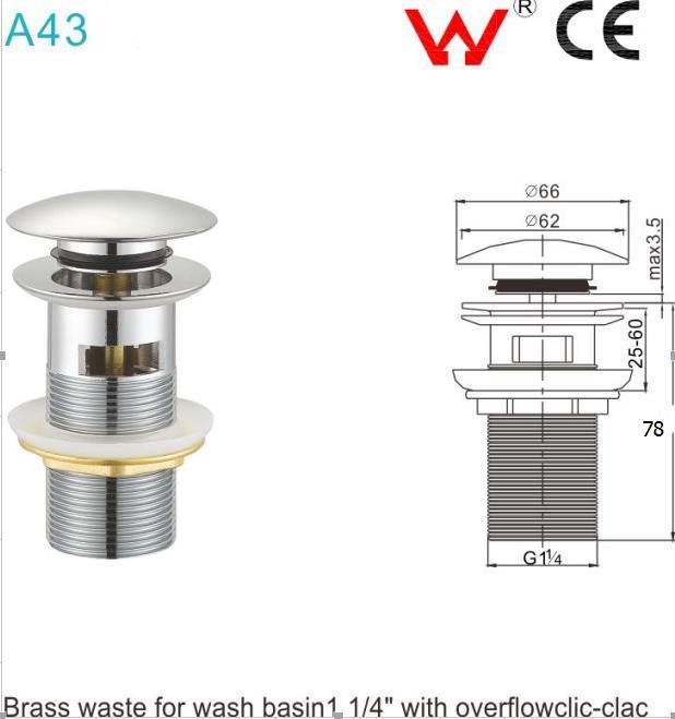Stainless steel pop-up waste with technical diagram and dimensions.