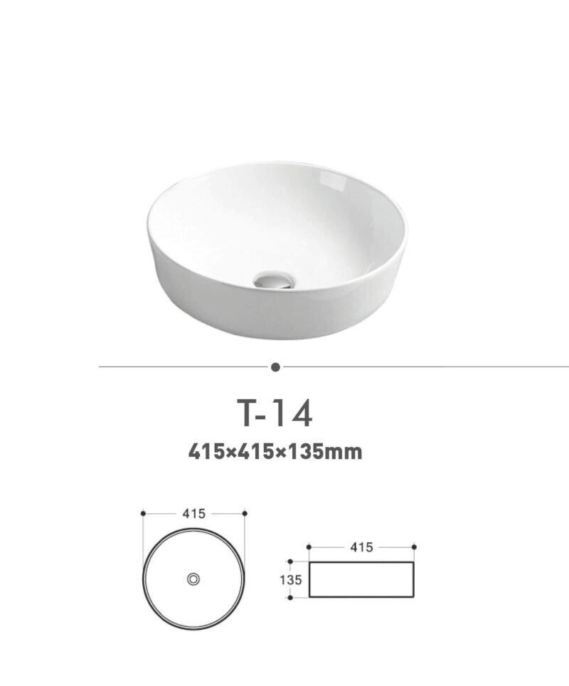 White round bathroom sink with dimensions 415x415x135mm.