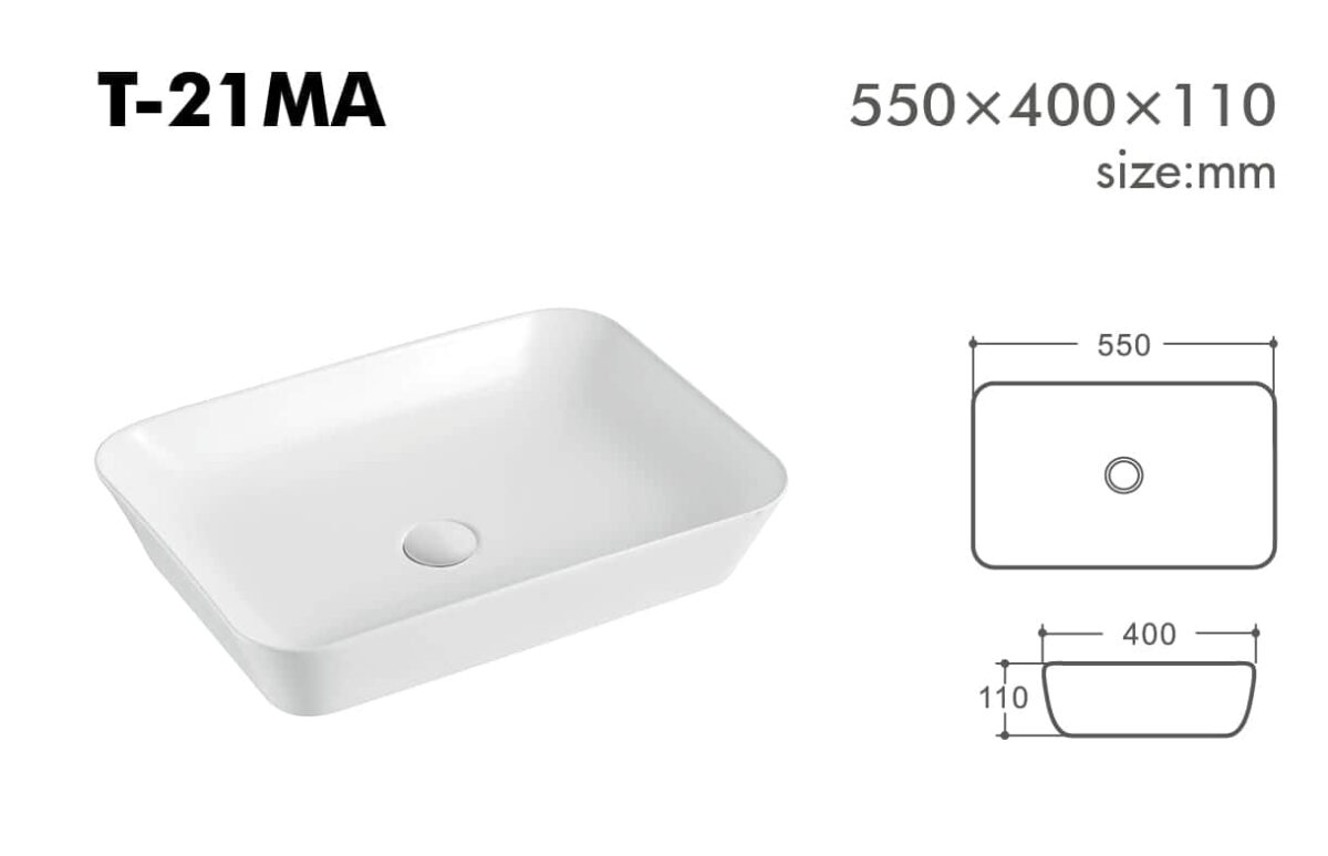 Rectangular white sink with dimensions 550x400x110 mm.