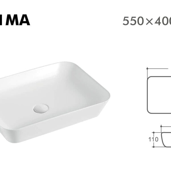 Rectangular white sink with dimensions 550x400x110 mm.