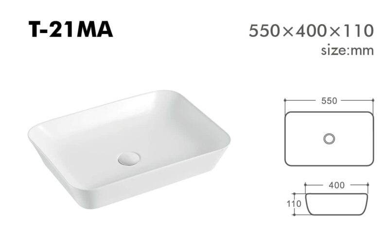 Rectangular white sink with dimensions 550x400x110 mm.