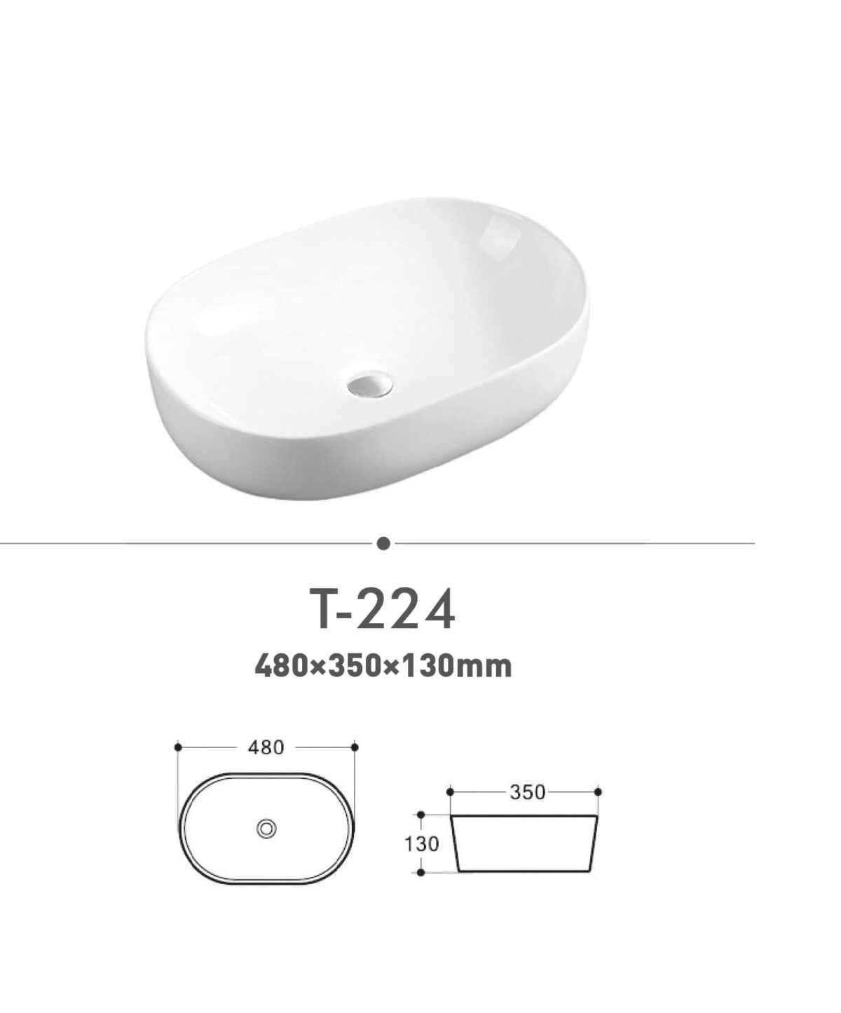 Oval white sink T-224 with dimensions 480x350x130mm.
