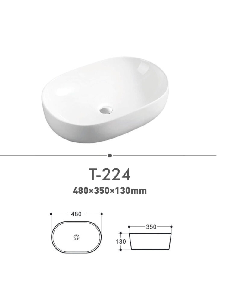 Oval white sink T-224 with dimensions 480x350x130mm.