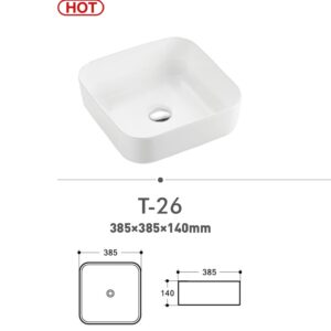 Square white sink T-26, dimensions 385x385x140mm, with "HOT" label.