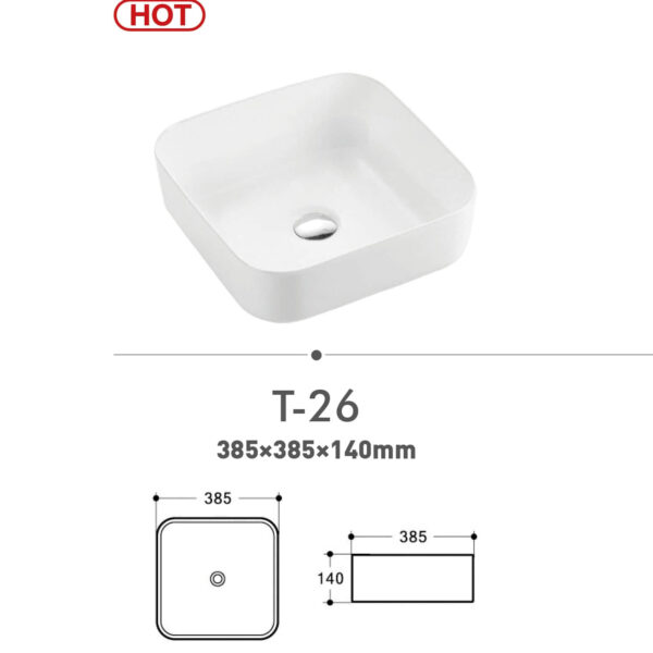 Square white sink T-26, dimensions 385x385x140mm, with "HOT" label.