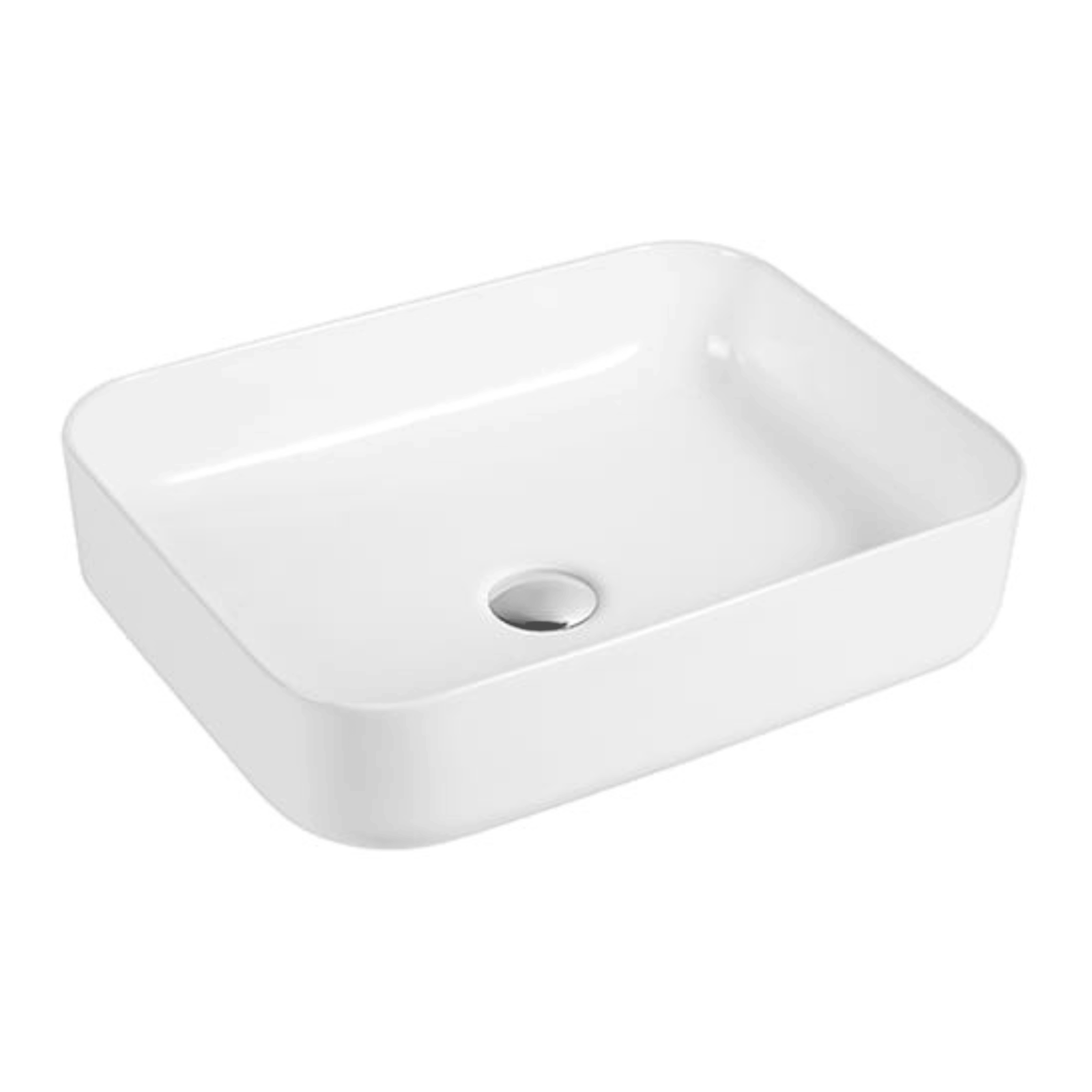 T-27 White rectangular ceramic bathroom sink with rounded edges.