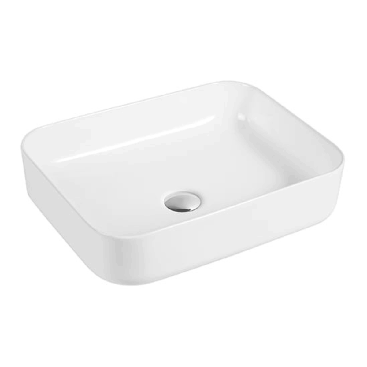 White rectangular ceramic bathroom sink with rounded edges.