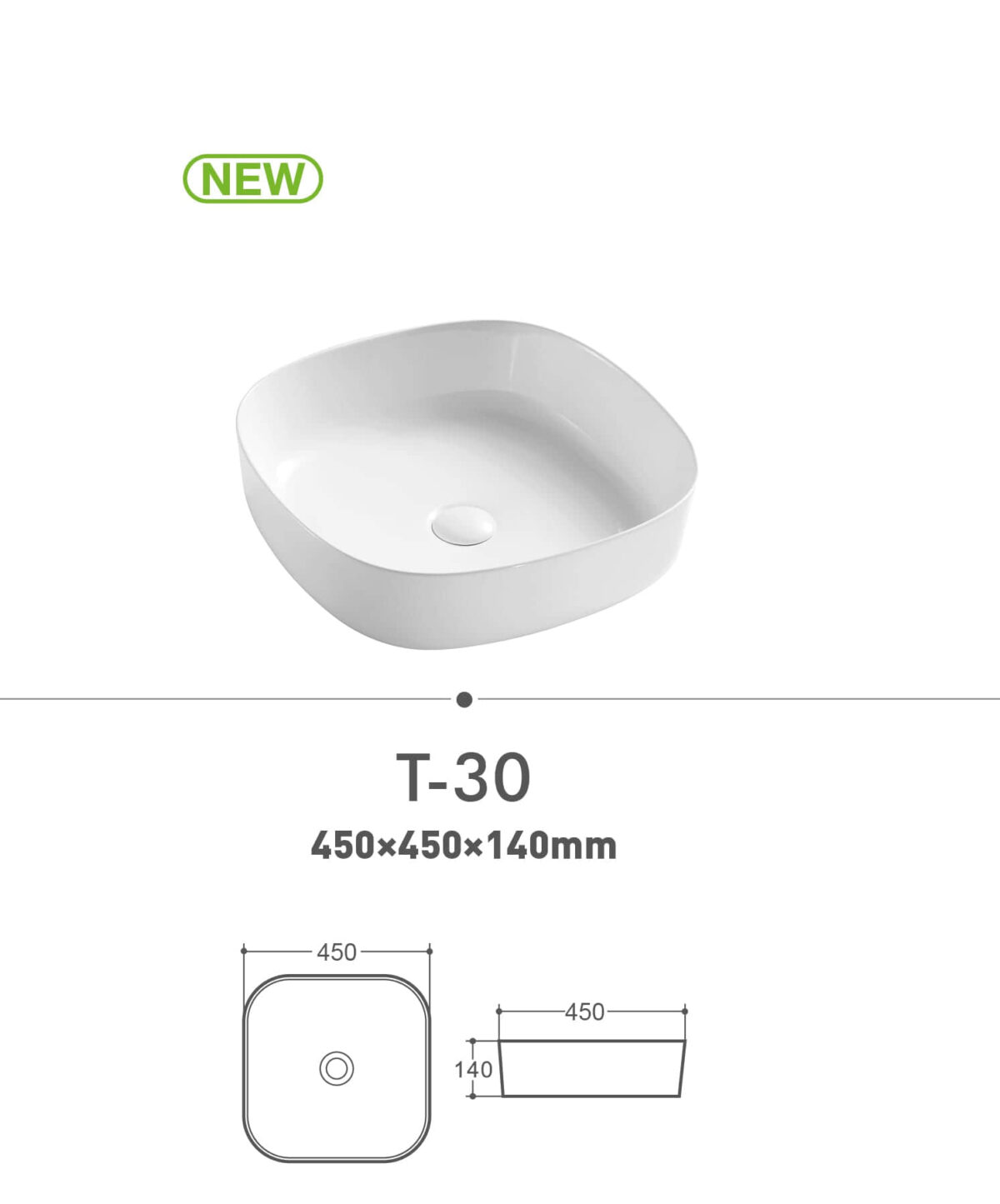 Square white sink, model T-30, dimensions 450x450x140mm.