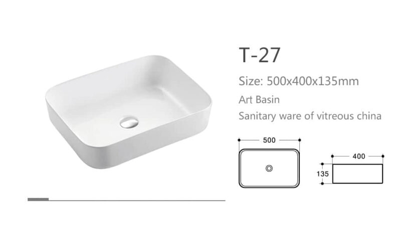 Rectangular white art basin, dimensions 500x400x135mm, with diagram.